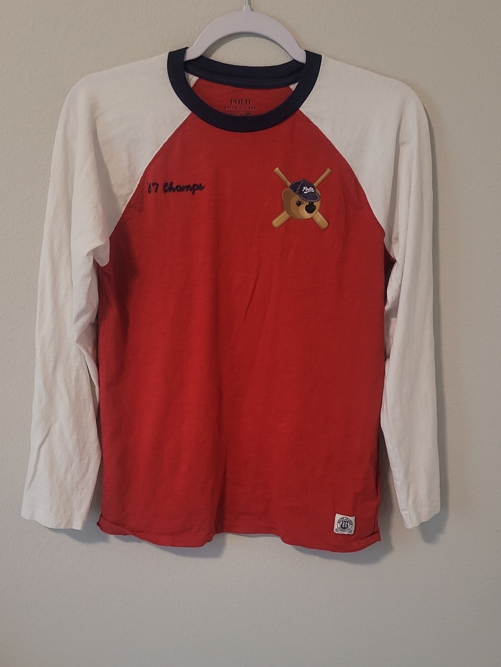 Polo by Ralph Lauren Red and White Raglan Long-Sleeve Tee with Bear Patch